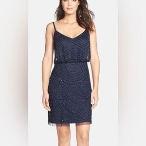 Adrianna Papell  Navy Sequin Mesh Blouson Beaded Sheath Dress size 6